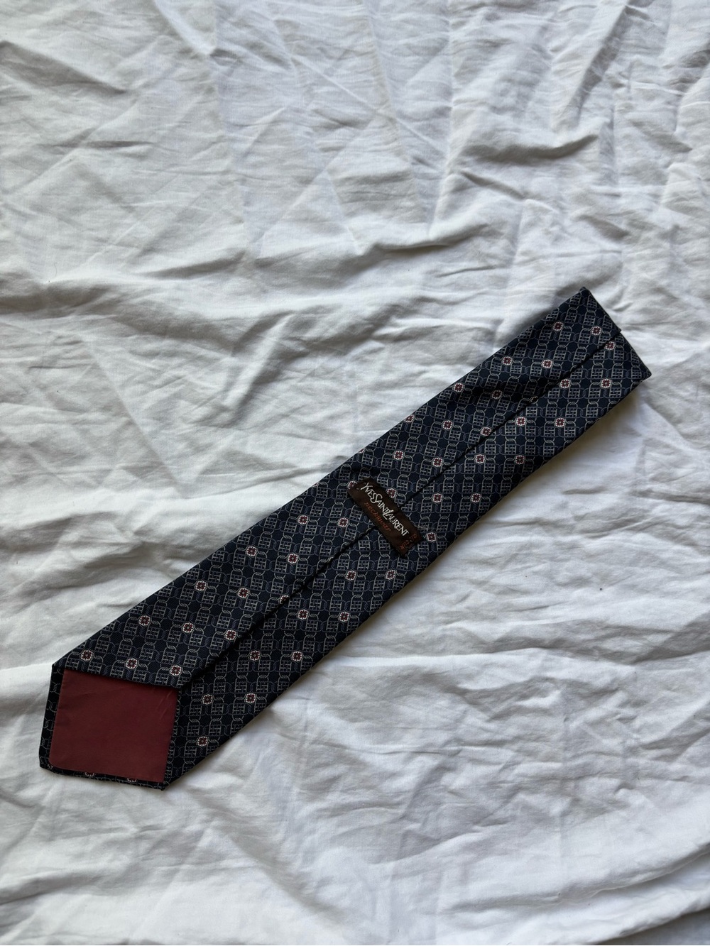 Yves Saint Laurent Navy Geometric Silk Tie with Burgundy Tip